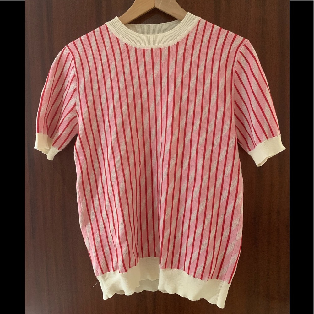 Marni Pink and Cream Striped Short Sleeve Knit Top